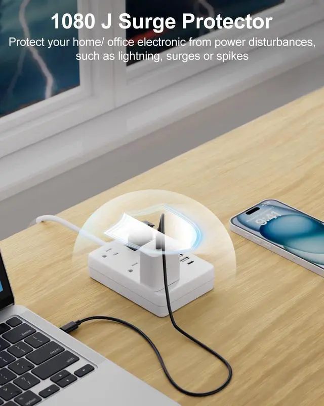 Alt view image 6 of 7 - 2 Prong Power Strip with USB-C, 2 Prong to 3 Prong Outlet Adapter, 1080J 2 Prong Surge Protected with 3 Outlet & 4 USB, 3 Prong Adapter 4ft, for Polarized Two Prong Outlet, Old House, White