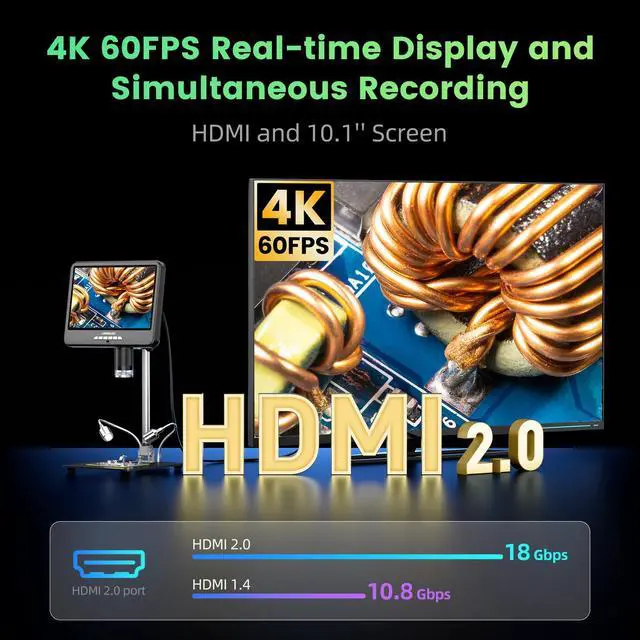 Alt view image 2 of 7 - LM210S 10.1'' 4K 60FPS HDMI Digital Microscope for Soldering Electronics, 4K UHD Video, 64MP USB Coin Magnifier Full View for Adults with Audio, 64GB