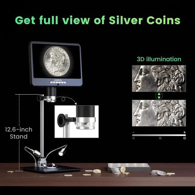Alt view image 5 of 7 - LM210S 10.1'' 4K 60FPS HDMI Digital Microscope for Soldering Electronics, 4K UHD Video, 64MP USB Coin Magnifier Full View for Adults with Audio, 64GB