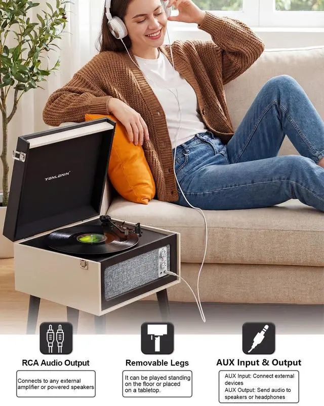 Alt view image 4 of 7 - Vintage Standing Black Vinyl Record Player with Detachable Legs, Built-in 4 Speakers, USB to PC Encoding, 33/45/78 RPM LP Player Bluetooth Retro Turntables Support Headphone Jack, RCA Out, AUX in