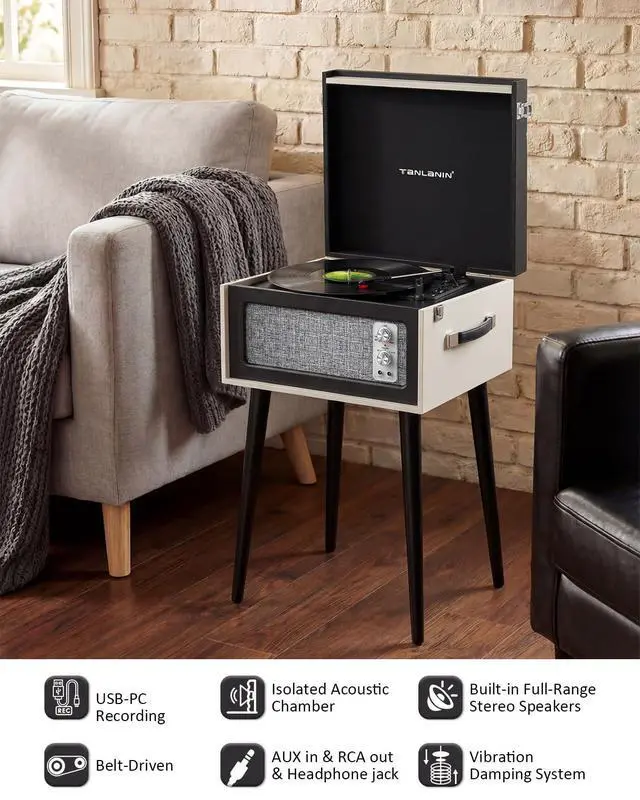Alt view image 5 of 7 - Vintage Standing Black Vinyl Record Player with Detachable Legs, Built-in 4 Speakers, USB to PC Encoding, 33/45/78 RPM LP Player Bluetooth Retro Turntables Support Headphone Jack, RCA Out, AUX in