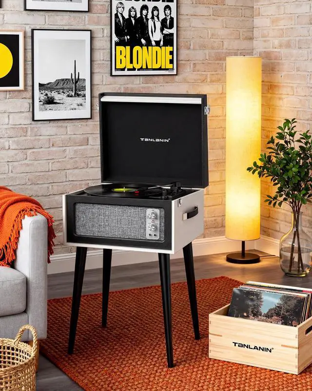 Alt view image 6 of 7 - Vintage Standing Black Vinyl Record Player with Detachable Legs, Built-in 4 Speakers, USB to PC Encoding, 33/45/78 RPM LP Player Bluetooth Retro Turntables Support Headphone Jack, RCA Out, AUX in