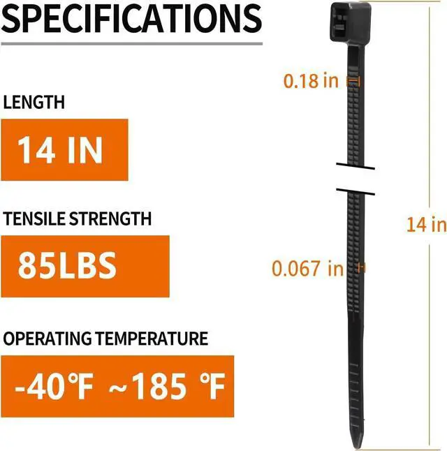 Alt view image 2 of 7 - 14 Inch Zip Ties 1000 Pack, 85 LBS Tensile Strength, Self-Locking UV Resistant Cable Ties for Indoor and Outdoor