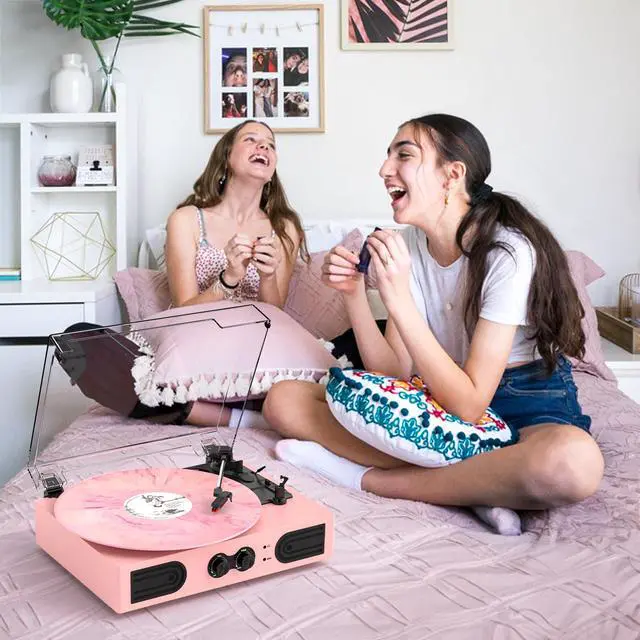 Alt view image 2 of 7 - Vinyl Record Player with Built-in Speakers, Vintage 3-Speed Turntable, Bass/Treble Control, Headphone Jack, RCA/AUX Outputs, Belt-Driven LP Player, Pink