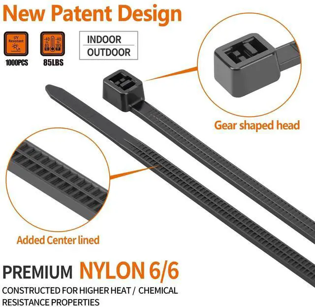 Alt view image 4 of 7 - 14 Inch Zip Ties 1000 Pack, 85 LBS Tensile Strength, Self-Locking UV Resistant Cable Ties for Indoor and Outdoor