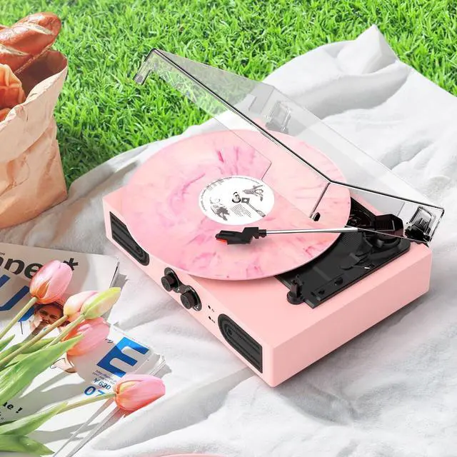 Alt view image 4 of 7 - Vinyl Record Player with Built-in Speakers, Vintage 3-Speed Turntable, Bass/Treble Control, Headphone Jack, RCA/AUX Outputs, Belt-Driven LP Player, Pink