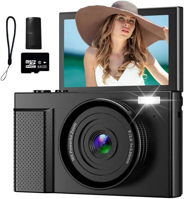 Main image of 4K Digital Camera for Photography, 64MP Vlogging Video Camera for YouTube with 3'' 180°Flip Screen, 64GB Micro SD Card, 16x Digital Zoom Point Shoot Compact Travel Vintage Cameras (Black)