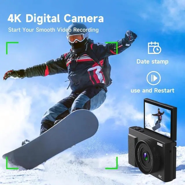 Alt view image 3 of 7 - 4K Digital Camera for Photography, 64MP Vlogging Video Camera for YouTube with 3'' 180°Flip Screen, 64GB Micro SD Card, 16x Digital Zoom Point Shoot Compact Travel Vintage Cameras (Black)