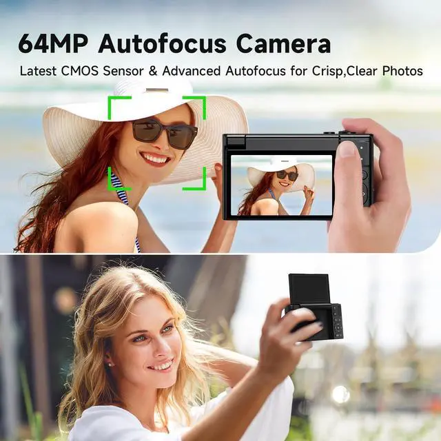 Alt view image 4 of 7 - 4K Digital Camera for Photography, 64MP Vlogging Video Camera for YouTube with 3'' 180°Flip Screen, 64GB Micro SD Card, 16x Digital Zoom Point Shoot Compact Travel Vintage Cameras (Black)