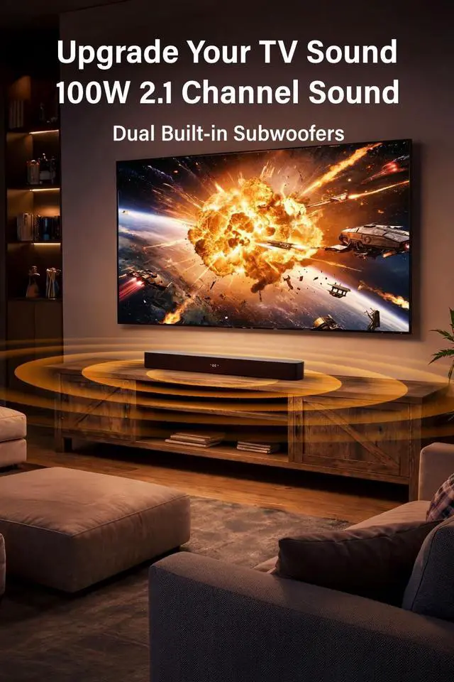 Alt view image 2 of 7 - Sound Bar for Smart TV, 100W 2.1ch Bluetooth 5.0 Soundbar with HDMI ARC, Optical & AUX, Remote Control, for Projector and Gaming, Black