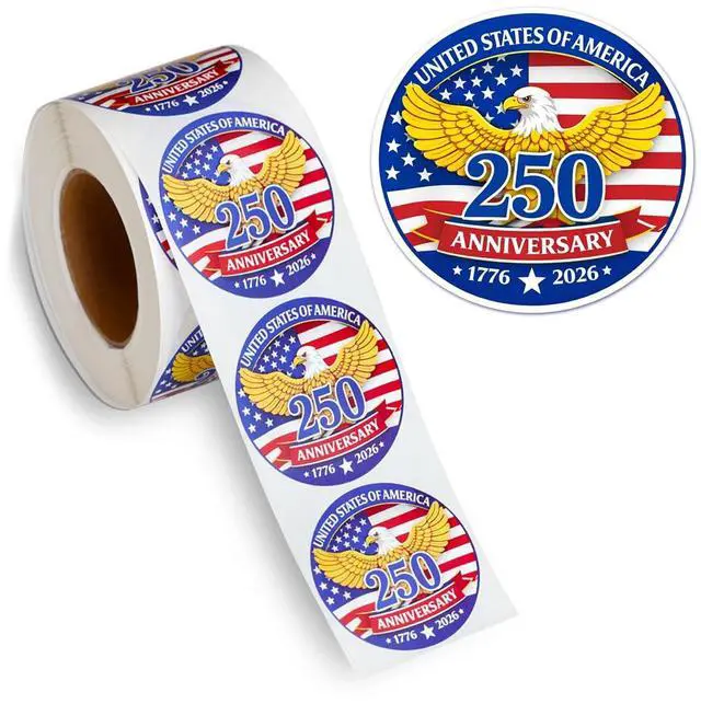 Main image of 500 PCS 1.89" Patriotic 250th Independence Anniversary Stickers Roll Round American Flag Waterproof Decals Strong Adhesive Labels for Water Bottles Laptops 4th of July Party Decorations