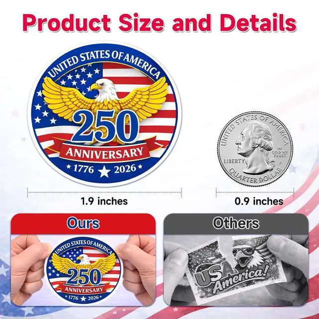 Alt view image 3 of 5 - 500 PCS 1.89" Patriotic 250th Independence Anniversary Stickers Roll Round American Flag Waterproof Decals Strong Adhesive Labels for Water Bottles Laptops 4th of July Party Decorations