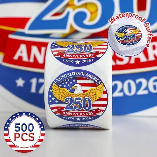 Alt view image 2 of 5 - 500 PCS 1.89" Patriotic 250th Independence Anniversary Stickers Roll Round American Flag Waterproof Decals Strong Adhesive Labels for Water Bottles Laptops 4th of July Party Decorations