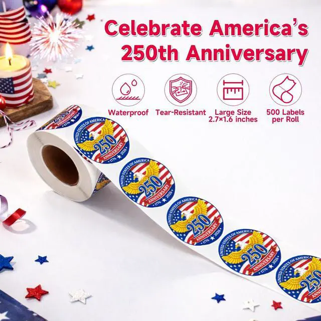 Alt view image 4 of 5 - 500 PCS 1.89" Patriotic 250th Independence Anniversary Stickers Roll Round American Flag Waterproof Decals Strong Adhesive Labels for Water Bottles Laptops 4th of July Party Decorations