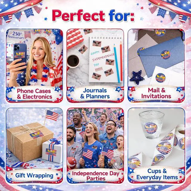 Alt view image 5 of 5 - 500 PCS 1.89" Patriotic 250th Independence Anniversary Stickers Roll Round American Flag Waterproof Decals Strong Adhesive Labels for Water Bottles Laptops 4th of July Party Decorations