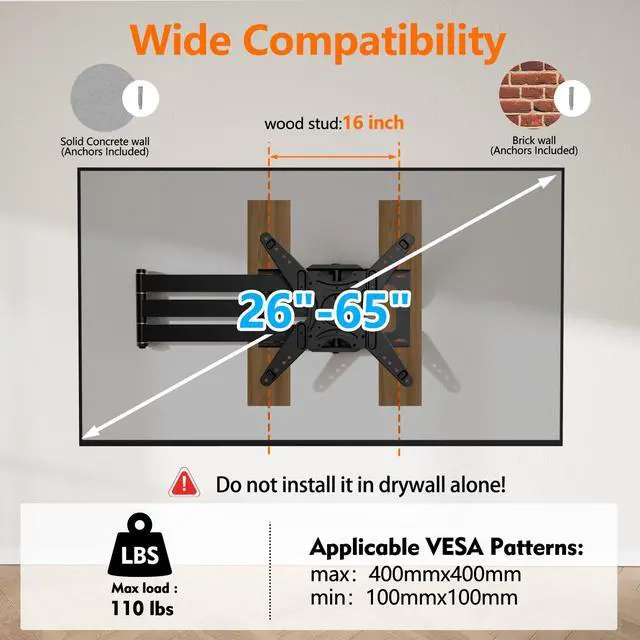 Alt view image 2 of 7 - Extra Long Arm TV Wall Mount 48'' Extension, Rotating TV Wall Mount 180° Heavy Duty Full Motion for 26''-65'' Screens, VESA 400x400mm, Load 110 lbs, 16''Wood Stud/Concrete/Brick Wall