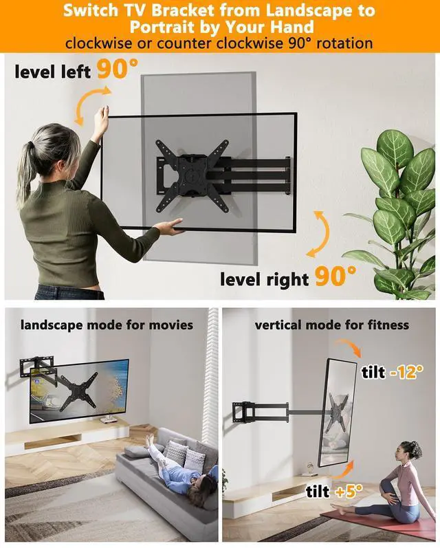 Alt view image 3 of 7 - Extra Long Arm TV Wall Mount 48'' Extension, Rotating TV Wall Mount 180° Heavy Duty Full Motion for 26''-65'' Screens, VESA 400x400mm, Load 110 lbs, 16''Wood Stud/Concrete/Brick Wall