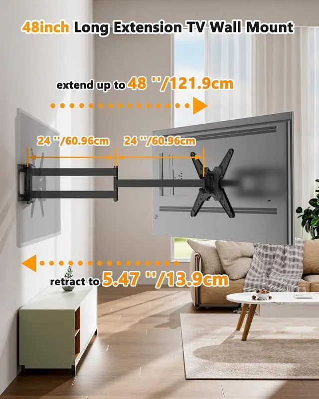 Alt view image 4 of 7 - Extra Long Arm TV Wall Mount 48'' Extension, Rotating TV Wall Mount 180° Heavy Duty Full Motion for 26''-65'' Screens, VESA 400x400mm, Load 110 lbs, 16''Wood Stud/Concrete/Brick Wall