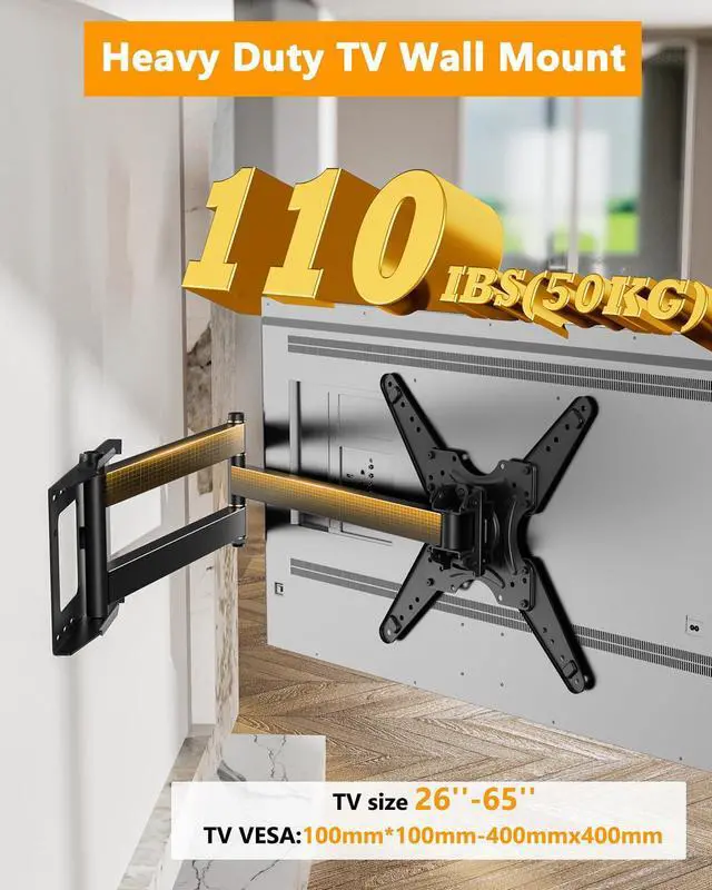Alt view image 7 of 7 - Extra Long Arm TV Wall Mount 48'' Extension, Rotating TV Wall Mount 180° Heavy Duty Full Motion for 26''-65'' Screens, VESA 400x400mm, Load 110 lbs, 16''Wood Stud/Concrete/Brick Wall