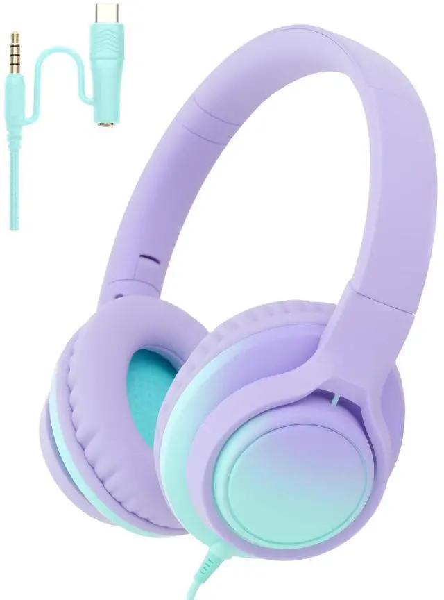 Main image of USB C & 3.5mm 2 in 1 Wired Headphones, Stereo Over Ear Headphones with HD Mic, Tangle-Free Nylon Cord, Foldable Earphones for iPad, Tablet, Laptop, Android, School, Travel