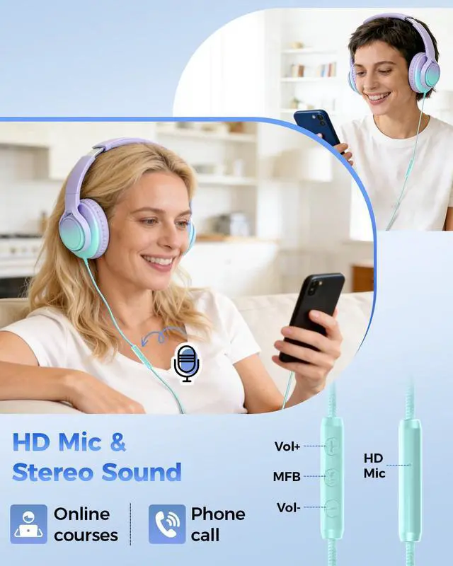 Alt view image 3 of 7 - USB C & 3.5mm 2 in 1 Wired Headphones, Stereo Over Ear Headphones with HD Mic, Tangle-Free Nylon Cord, Foldable Earphones for iPad, Tablet, Laptop, Android, School, Travel