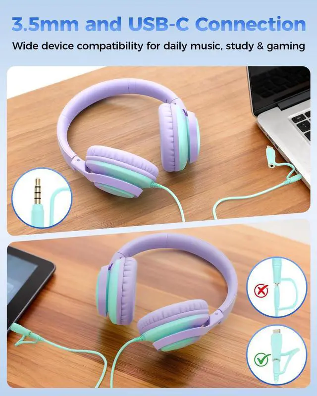 Alt view image 2 of 7 - USB C & 3.5mm 2 in 1 Wired Headphones, Stereo Over Ear Headphones with HD Mic, Tangle-Free Nylon Cord, Foldable Earphones for iPad, Tablet, Laptop, Android, School, Travel