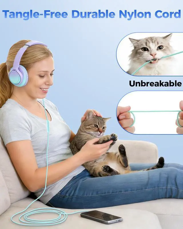 Alt view image 6 of 7 - USB C & 3.5mm 2 in 1 Wired Headphones, Stereo Over Ear Headphones with HD Mic, Tangle-Free Nylon Cord, Foldable Earphones for iPad, Tablet, Laptop, Android, School, Travel