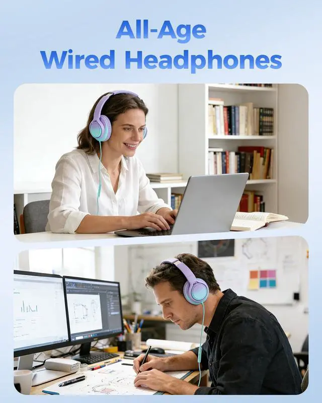 Alt view image 7 of 7 - USB C & 3.5mm 2 in 1 Wired Headphones, Stereo Over Ear Headphones with HD Mic, Tangle-Free Nylon Cord, Foldable Earphones for iPad, Tablet, Laptop, Android, School, Travel