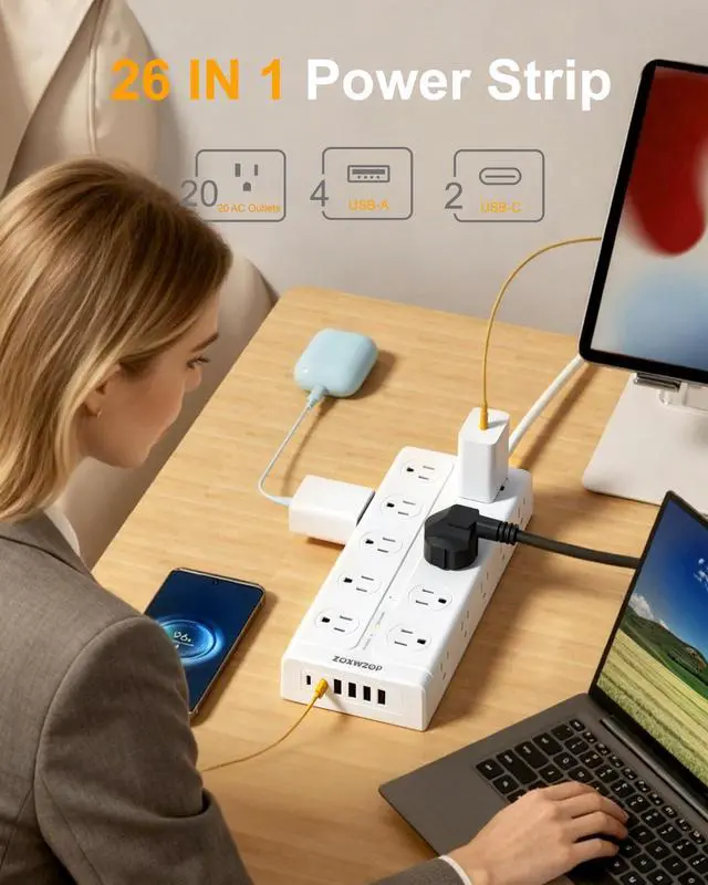 Alt view image 2 of 7 - Surge Protector Power Strip, 6Ft Extension Cord with Multiple Outlets, Flat Plug Power Strip with 20 Outlets 6 USB Ports(2 USB C), 4 Side Outlet Extender for Home Dorm Room, ETL Listed