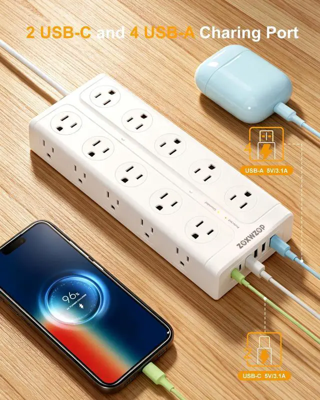 Alt view image 3 of 7 - Surge Protector Power Strip, 6Ft Extension Cord with Multiple Outlets, Flat Plug Power Strip with 20 Outlets 6 USB Ports(2 USB C), 4 Side Outlet Extender for Home Dorm Room, ETL Listed