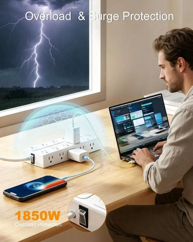 Alt view image 4 of 7 - Surge Protector Power Strip, 6Ft Extension Cord with Multiple Outlets, Flat Plug Power Strip with 20 Outlets 6 USB Ports(2 USB C), 4 Side Outlet Extender for Home Dorm Room, ETL Listed