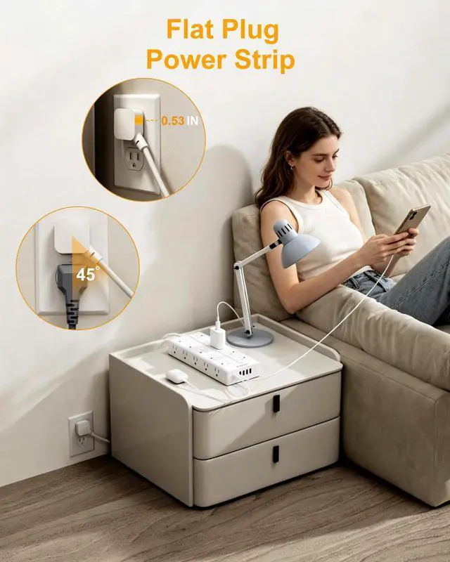 Alt view image 5 of 7 - Surge Protector Power Strip, 6Ft Extension Cord with Multiple Outlets, Flat Plug Power Strip with 20 Outlets 6 USB Ports(2 USB C), 4 Side Outlet Extender for Home Dorm Room, ETL Listed