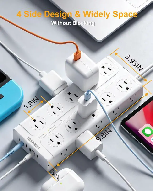 Alt view image 6 of 7 - Surge Protector Power Strip, 6Ft Extension Cord with Multiple Outlets, Flat Plug Power Strip with 20 Outlets 6 USB Ports(2 USB C), 4 Side Outlet Extender for Home Dorm Room, ETL Listed