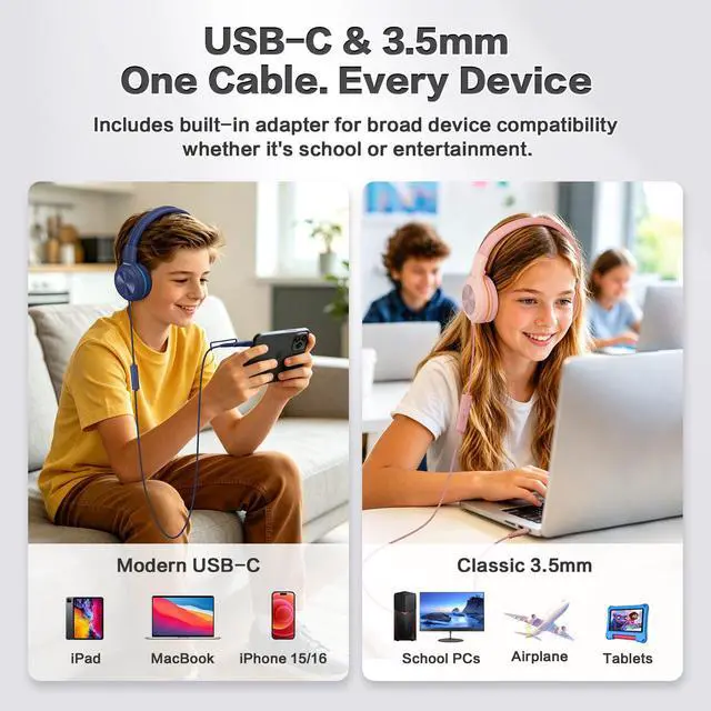 Alt view image 2 of 7 - 2Pack Wired Headphones with Share Port, USB C to 3.5mm Dongle, 3-Level Volume Limiter & Microphone, Passive Noise Isolating, Foldable Over-Ear Headphones for School Adults iPad PC Travel