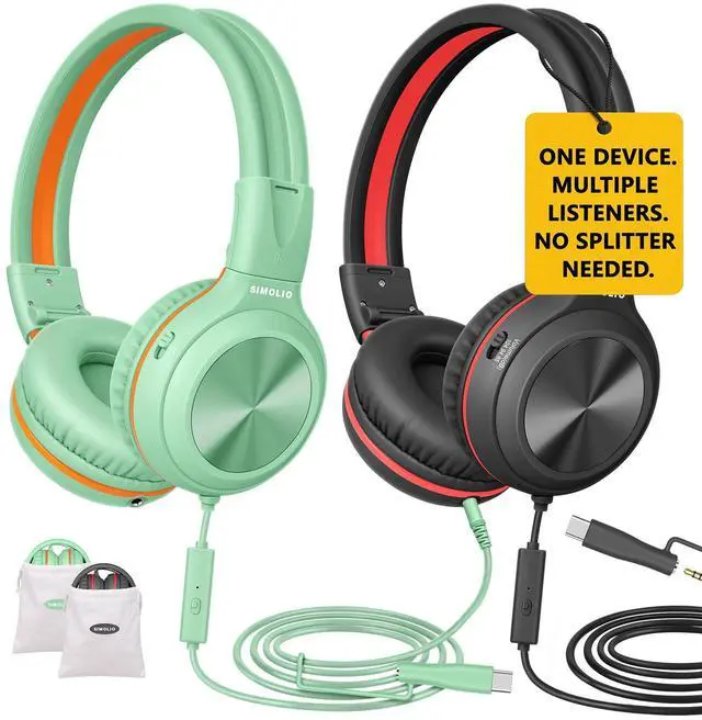Main image of 2Pack Wired Headphones with Share Port, USB C to 3.5mm Dongle, 3-Level Volume Limiter & Microphone, Passive Noise Isolating, Foldable Over-Ear Headphones for School Adults iPad PC Travel