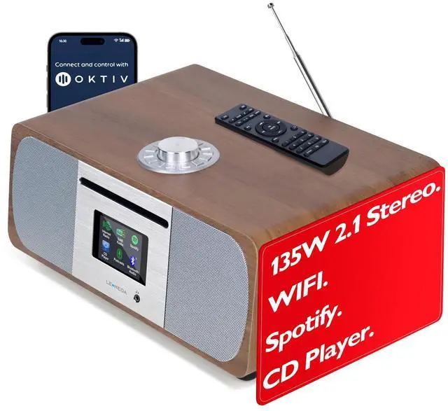 Main image of M5P CD Player,Internet Radio,Spotify, Bluetooth,FM Stereo,Walnut | 2.8in colour display, 40 presets, remote control, wooden cabinet, headphone out, internal subwoofer, EQ modes, remote