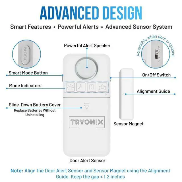 Alt view image 6 of 7 - Door Alarms When Opened for Kids & Elderly 130 dB Loud Door & Window Alarm, 1.2 Wide Gap Sensor, Instant & Delay Alerts, 3 Volume Levels, AAA Batteries Included, Low Battery Alert, 2 Pack