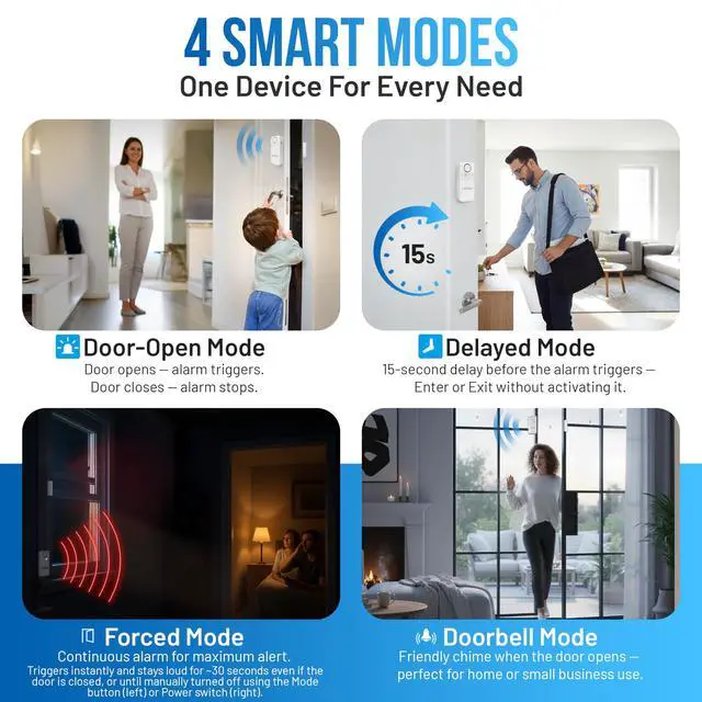 Alt view image 4 of 7 - Door Alarms When Opened for Kids & Elderly 130 dB Loud Door & Window Alarm, 1.2 Wide Gap Sensor, Instant & Delay Alerts, 3 Volume Levels, AAA Batteries Included, Low Battery Alert, 2 Pack