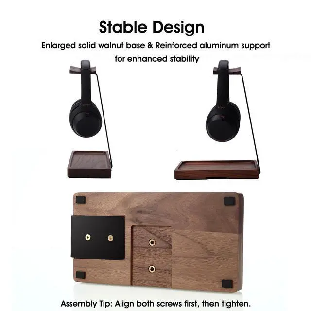 Alt view image 3 of 7 - Walnut Headphone Stand, Wood Headset Holder with Storage for Desk | American Black Walnut & Aluminum, Universal for Gaming Headsets & AirPods Max\Bose, Extra Storage Tray, Vintage Gift for Men