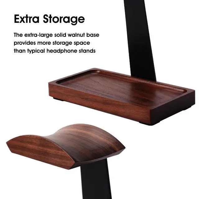 Alt view image 4 of 7 - Walnut Headphone Stand, Wood Headset Holder with Storage for Desk | American Black Walnut & Aluminum, Universal for Gaming Headsets & AirPods Max\Bose, Extra Storage Tray, Vintage Gift for Men