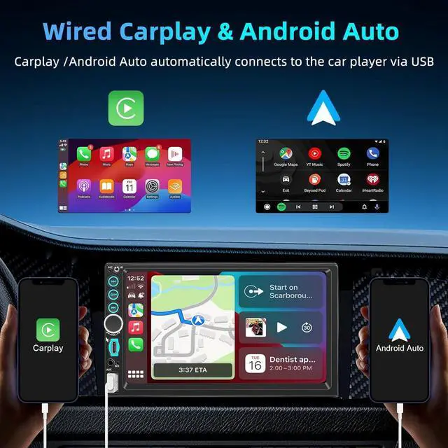 Alt view image 2 of 6 - Double Din Car Stereo A-pple Carplay Radio Screen for Car Audio Receivers, Bluetooth Car Play Android Auto 7" Touchscreen, Car Radio Support Bluetooth, Mirror Link, FM, Type-C