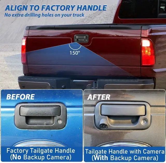 Alt view image 3 of 7 - Tailgate Handle Rear Backup Camera for 2004-2016 Ford F150 F250 F350 F450 F550 Super Duty Explorer Lobo, Lincoln Mark LT Tailgate Latch Door Handle Reverse Back Up Camera RCA Connector w/Key Hole