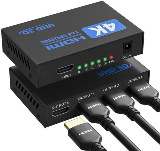 Main image of HDMI Splitter 1 in 4 Out, 4K Splitter for 4 Monitors, 4 Way HDMI Distribution, Multi HDMI Adapter for PC, Laptop, HDTV, Projector,1 Input 4 Outputs, Mirror Only, Not Extend