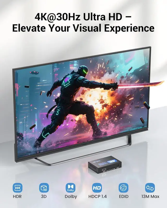 Alt view image 3 of 7 - HDMI Splitter 1 in 4 Out, 4K Splitter for 4 Monitors, 4 Way HDMI Distribution, Multi HDMI Adapter for PC, Laptop, HDTV, Projector,1 Input 4 Outputs, Mirror Only, Not Extend