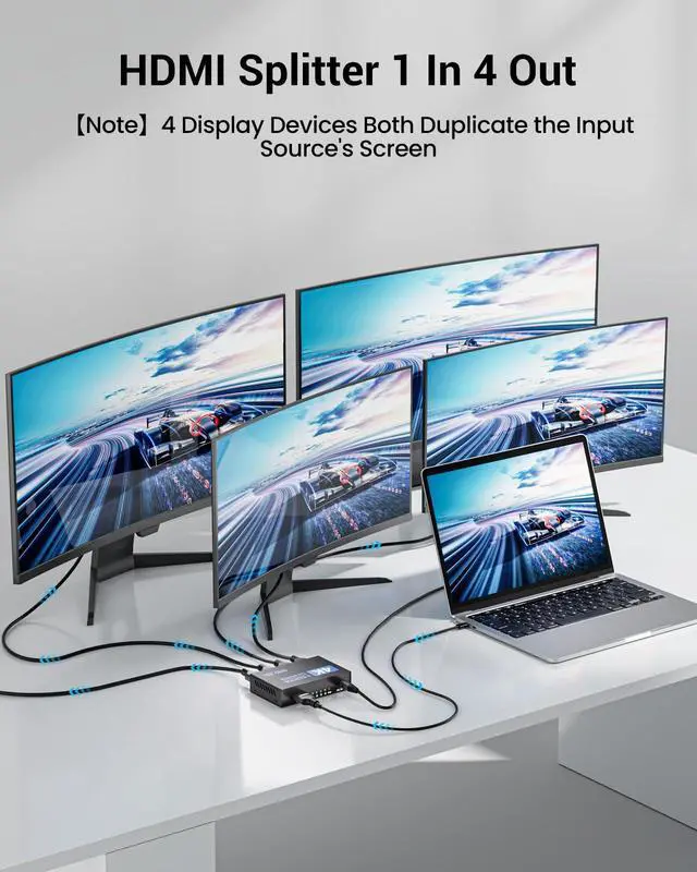 Alt view image 2 of 7 - HDMI Splitter 1 in 4 Out, 4K Splitter for 4 Monitors, 4 Way HDMI Distribution, Multi HDMI Adapter for PC, Laptop, HDTV, Projector,1 Input 4 Outputs, Mirror Only, Not Extend