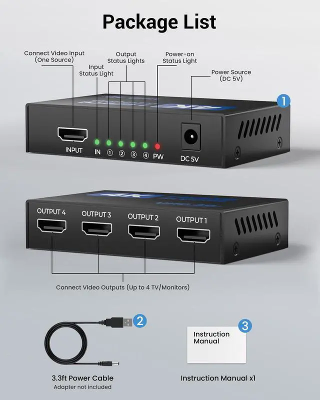 Alt view image 5 of 7 - HDMI Splitter 1 in 4 Out, 4K Splitter for 4 Monitors, 4 Way HDMI Distribution, Multi HDMI Adapter for PC, Laptop, HDTV, Projector,1 Input 4 Outputs, Mirror Only, Not Extend