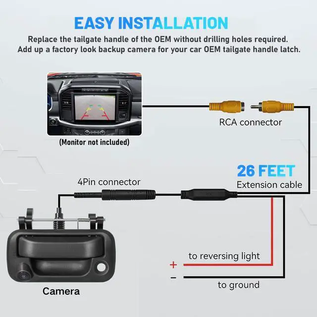 Alt view image 5 of 7 - Tailgate Handle Rear Backup Camera for 2004-2016 Ford F150 F250 F350 F450 F550 Super Duty Explorer Lobo, Lincoln Mark LT Tailgate Latch Door Handle Reverse Back Up Camera RCA Connector w/Key Hole
