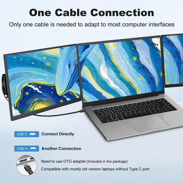 Alt view image 2 of 7 - 14" Laptop Screen Extender Built-in Cooler, 1200P FHD One Cable Connect Portable Triple Monitor, Dual Screen Monitor Fits 13"-17.3" Laptop with Stand for MacOS/Windows