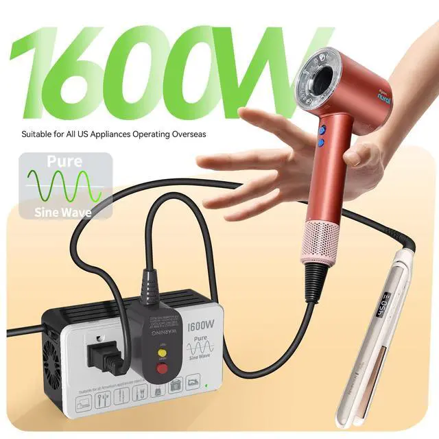 Alt view image 2 of 7 - 1600W 220V to 110V Converter, Power 110V Appliances in 220250V Countries | Pure Sine Wave Voltage Converter US to Europe International Travel, No Load-Type Restrictions - Plug & Play, Surge Protected