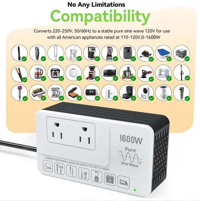 Alt view image 4 of 7 - 1600W 220V to 110V Converter, Power 110V Appliances in 220250V Countries | Pure Sine Wave Voltage Converter US to Europe International Travel, No Load-Type Restrictions - Plug & Play, Surge Protected